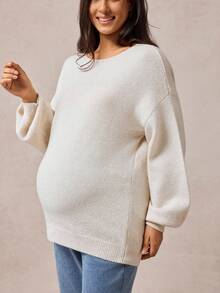 Boho Mama 孕妇宽松纯色圆领落肩长袖休闲毛衣，秋季 - 卡其色 - 查看 6