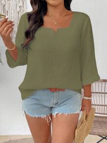 EMERY ROSE Plus Size Casual Solid Color Textured Shirt - Green - View 4