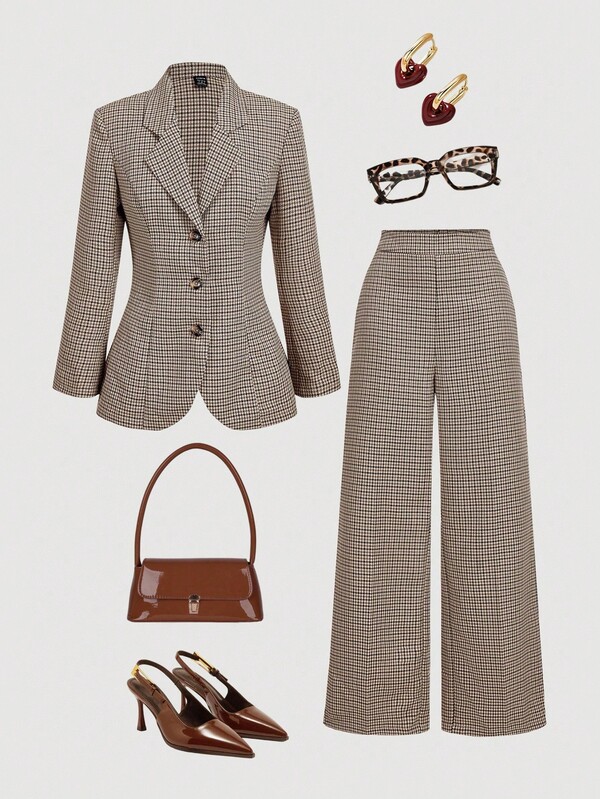 SHEIN MOD Conjunto de chaqueta y pantalones de manga larga con cintura a cuadros para mujer, traje informal de otoño/invierno