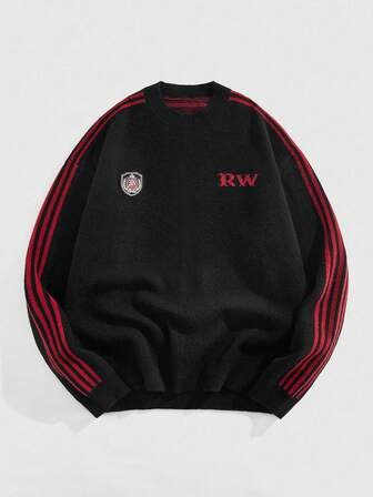 Prep Herren lässiger, weiter Pullover mit Buchstaben- und Streifenmuster, Rundhalsausschnitt, Langarm, Herbst