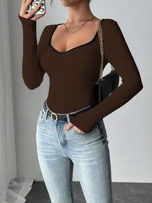 Chiquease Women's Casual Contrast Color Collar Bodysuit, Spring/Autumn Fall Cloth For Women - Rust Brown - View 3