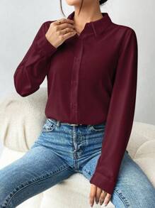 EMERY ROSE Women's Solid Color Long Sleeve Single-Breasted Casual/Work Shirt Fall Cloth For Women, Christmas - Burgundy - View 4