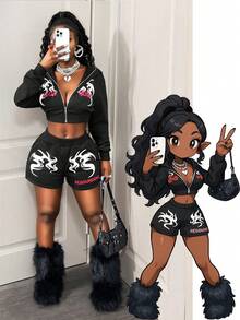 BamGleam BamGleam 2pcs Halloween Graphic Print Hoodie + High Waist Cropped Sexy Outfit Set+ Slim Shorts Slogan Skull Print White Women's Two Pieces Set-B, Autumn Back To School Fashion Fall Cloth For Women