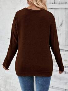 EMERY ROSE Áo thun tay dài cổ tròn cài nút thường ngày cỡ lớn mới dành cho nữ, màu cà phê - màu nâu - Xem 3