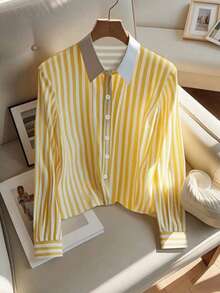 Franclia 女士优雅条纹长袖单排扣衬衫 - 彩色 - 查看 1