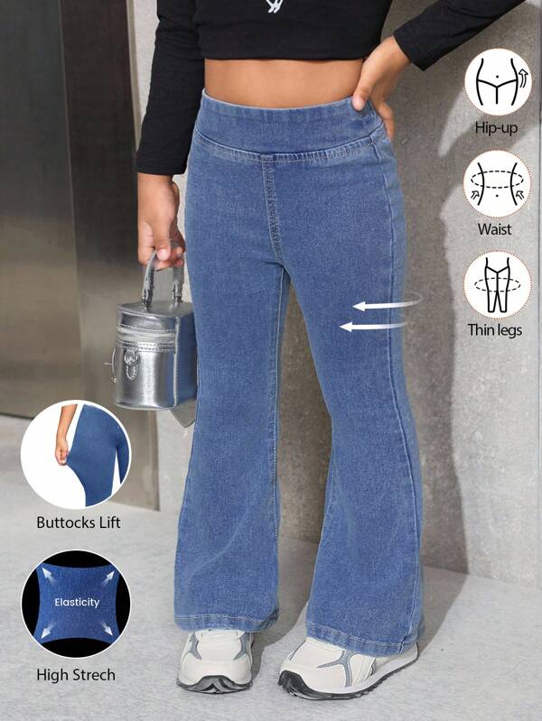 SHEIN Young Girl' Y2KBlue Denim Elastic Skinny Flare Pants,Fall Kid's  Casual And Comfortable  Wear,2000s Style,Stretch Knitted Denim Leggings,Back To School Clothes, Bell Bottom Jeans For Girls, High Waisted Bell Bottoms Jeans, Stretch Bell Bottom Jeans, Girls Bell Bottom Jeans Winter