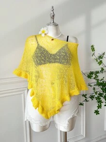 Comfortcana Plus Size Women's Yellow Ruffled Hem Semi-Sheer Casual Crochet Poncho For Summer And Autumn Outings & Dates