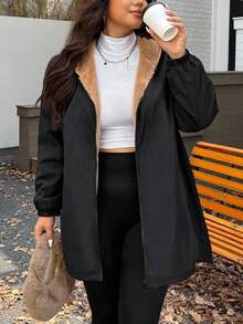 SHEIN EZwear Veste décontractée à capuche à fermeture éclair pour femmes grande taille, manches longues, automne/hiver. Vêtements pour femmes élégants, noirs, à manches longues, avec ceinture, capuche, pour le travail, les rendez-vous, les sorties, les fêtes, les invités de mariage, chic, doublure thermique, Noël - Noir - Voir 7