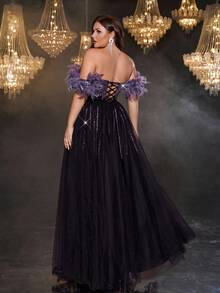 Glamrae Váy xòe tay bồng thiết kế lưới kim sa màu tím đậm hở vai thanh lịch sang trọng lãng mạn cỡ lớn, phù hợp cho tiệc tối, vũ hội, tốt nghiệp, lễ hội âm nhạc, đám cưới, dịp trang trọng (trang trí đậm) - Màu tím - Xem 3
