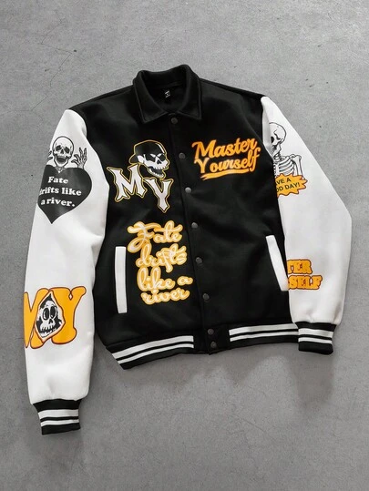 PAVTROS Manfinity Streetrush Men's Autumn Letter & Skull Print Contrast Color Long Sleeve Casual Jacket, Grunge, Thermal Lined Jacket, Winter