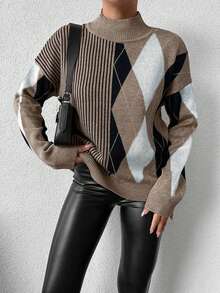 Maglione casual vintage oversize a blocchi di colore a pipistrello, autunnale