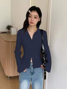 少女法式腰部设计长袖喇叭袖荷叶边下摆休闲衬衫，适合夏季日常时尚 - 藍色 - 查看 5