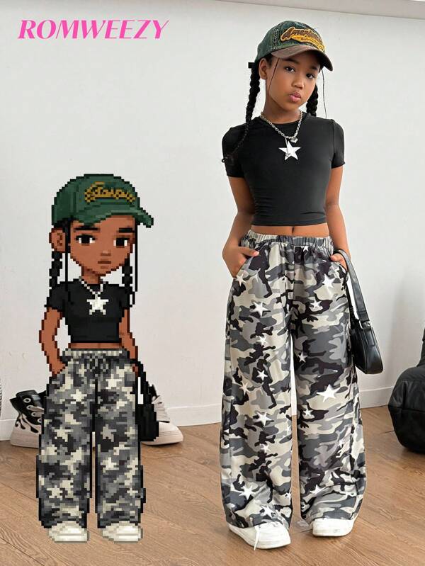 Sparklyn Set de 2 piezas: Camiseta de manga corta y ajustada con estampado de estrellas y cuello cuadrado + Pantalones de pernera ancha y holgados de camuflaje, Conjunto casual para niña preadolescente