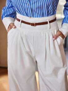 Siren Gaze 老钱美学静谧奢华女裤 | 有机高腰阔腿裤，赠送棕色腰带 | 春夏商务休闲平前宽下摆奢华胶囊衣橱必备 - 白色 - 查看 2