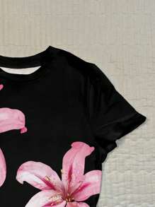 Attitoon Women's Round Neck Short Sleeve Fitted T-Shirt, Suitable For Summer, Hibiscus Flower Print, Hawaiian Print, Suitable For Vacation