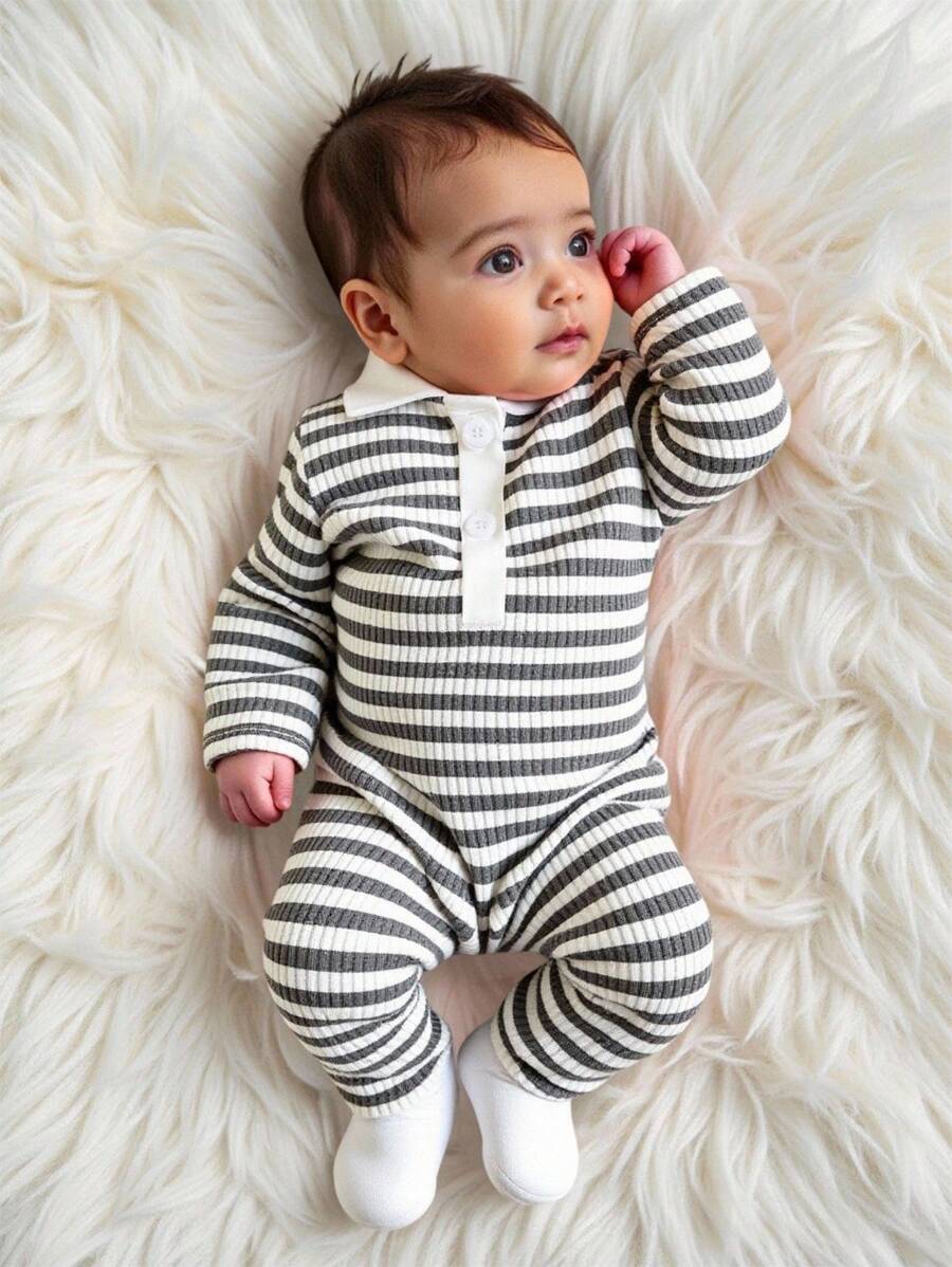 SHEIN Newborn Baby Girl Cute Striped Collar Long Sleeve Jumpsuit, Lightweight & Comfortable Summer Outfit Fall Winter - Grey - View 1