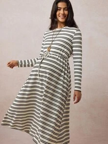 Boho Mama Maternity Casual Striped Drawstring Waist Dress,Vintage - Khaki - View 3