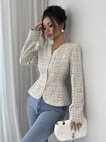 Selianne 女士杏色优雅浪漫V领褶饰腰部粗花呢编织西装外套 - 杏色 - 查看 4