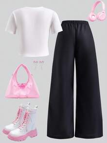 SHEIN ChillGRL 青少年女孩标语蝴蝶结印花圆领短袖T恤和阔腿裤套装 - 黑與白 - 查看 2