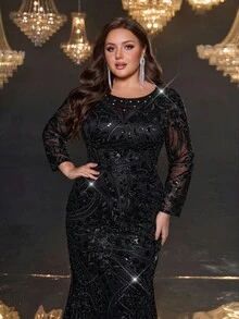 Glamrae Plus Size Black Elegant Formal Evening Dress,Spring Sequin Embroidery Beading Nail Diamond Round Neck See-Through Long Sleeve Slim Fishtail Gown - Black - View 4