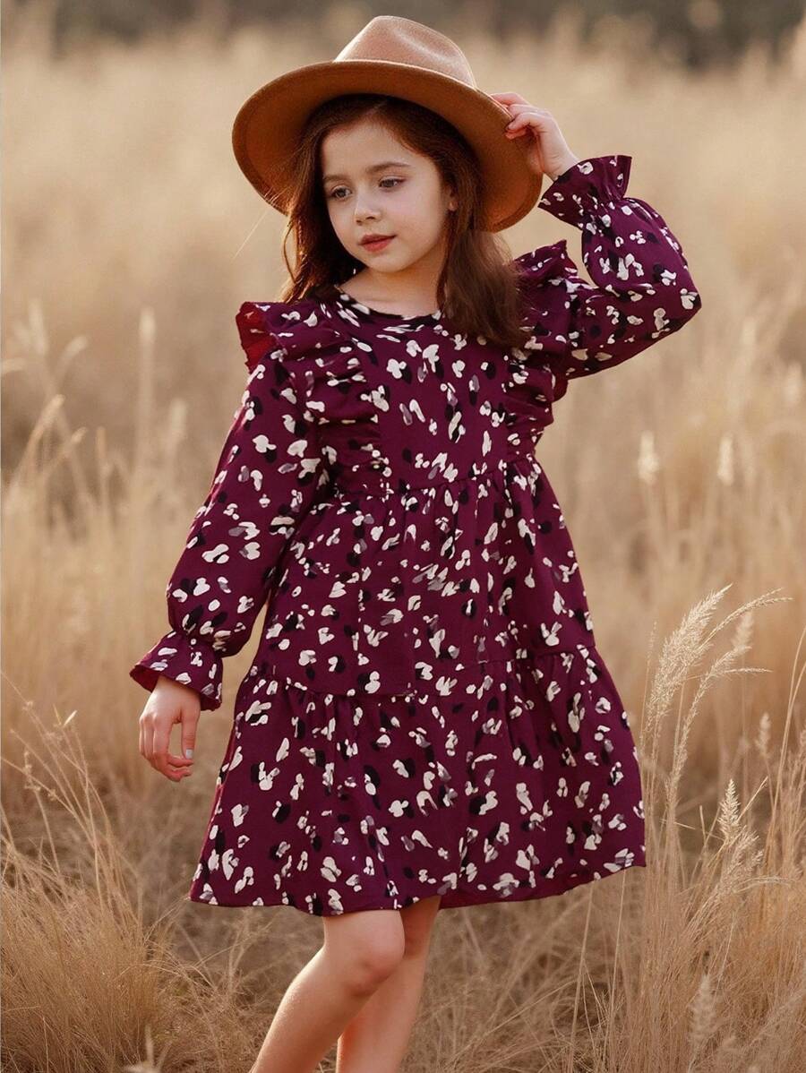 Emery Rose Kids Emery Rose Kids 年轻女孩夏季/秋季全身印花荷叶边荷叶边袖连衣裙,非常适合夏季和秋季休闲日常穿着和学校日常穿着,妈妈和女儿和姐妹搭配 - 紅色 - 查看 1