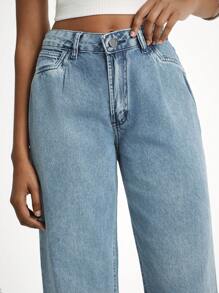 Daynim Women Slant Pocket Solid Color Baggy Jeans - Medium Wash - View 4