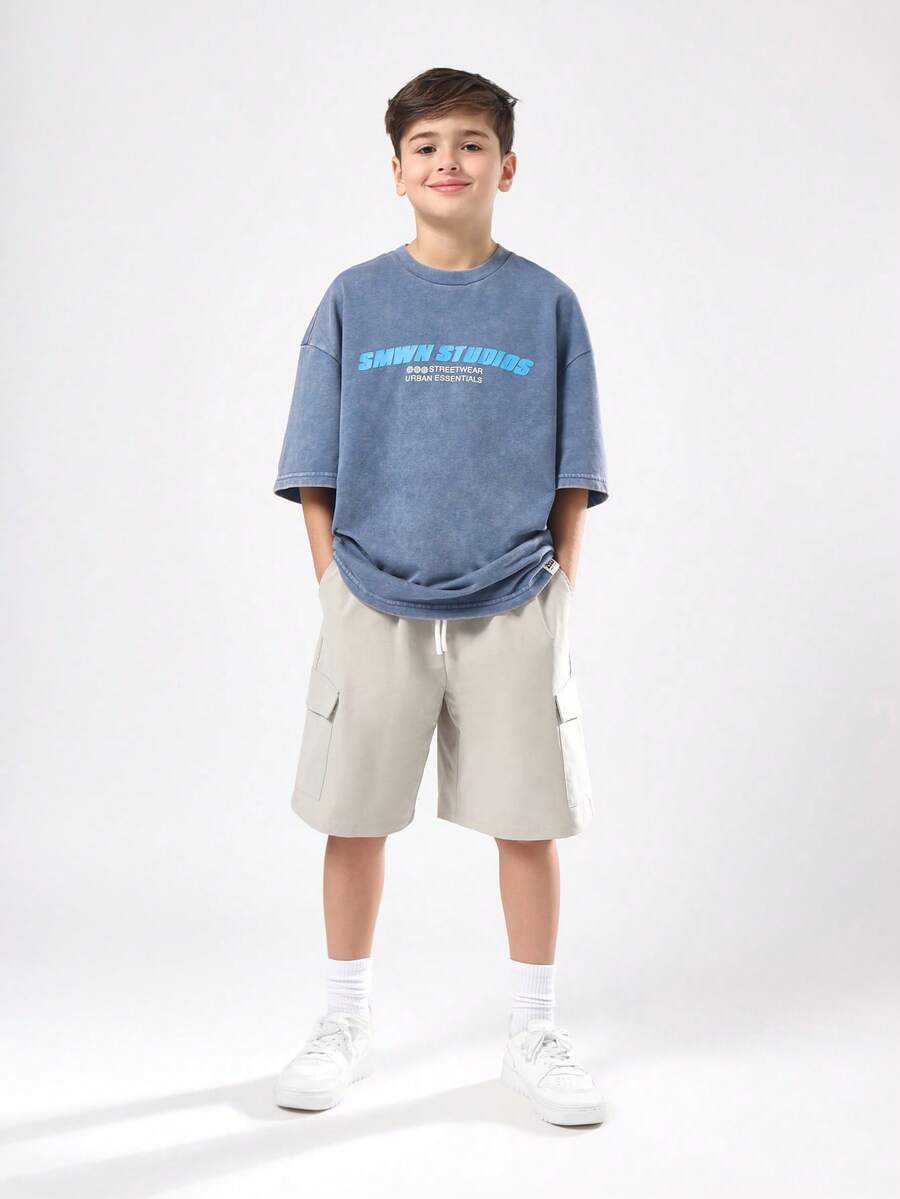 SUMWON Studios 超大图案 T 恤套装街头服饰都市必备经典设计宽版男童套装棉质平纹针织 - 彩色 - 查看 1