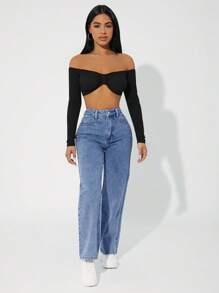 SHEIN PETITE Women's High Waist Pockets Straight Loose Casual Versatile Jeans