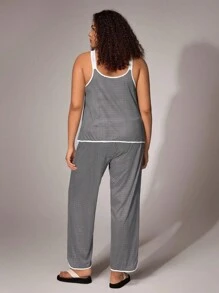 Plus Size Sexy European & American Style Deep U-Neck Striped Contrast Design Home Wear Tank Top Set, Outfits - Black and White - View 2