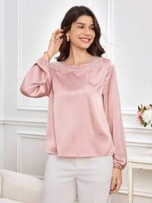 Miaspire Fall Elegant Women's Shirt, Pink Satin Fabric And Three-Dimensional Lace Splicing Design Elegant Top, Wedding Guest Versatile Top, Elegant Street Party Women's Top,Chic Tops - Pink - View 5