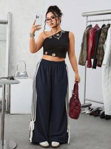 SHEIN EZwear 秋冬大码撞色条纹侧缝休闲裤 - 藏蓝色 - 查看 6