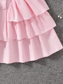 1pc Tween Girls Elegant Little Princess Style White Short Sleeve Multi-Layer Ruffle Cake Dress, Spring/Summer Fashion Dress For Girls Unique Dresses For Girls Pretty Dresses For Girls School Girl Dress Teen Girl Clothes Dress Button - Pink - View 4