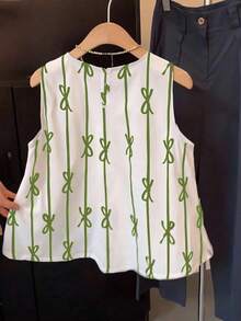 Franclia Bowknot Striped Print Pleated Sleeveless Shirt