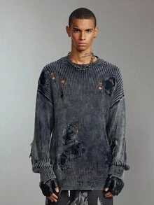 ROMWE MEN Grunge Punk 男士破洞长袖毛衣，秋冬，垃圾摇滚风格
