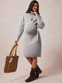 SHEIN Gaun Sweater Hamil Lengan Panjang Elegan Kerah Tinggi Warna Polos dengan Detail Lipatan di Bagian Depan, Gaya Vintage - Grey - View 5