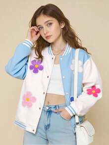 SHEIN Girls' Casual Colorful 3D Floral Contrast Color Baseball Jacket, Spring/Autumn Fall Winter - Blue - View 7