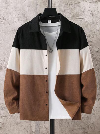 SHEIN Tonårspojkars casual färgblocks-lapptäcke pikékrage långärmad skjorta, mångsidig all-matchning lämplig för pendling, skola, casual, resor, utomhus, fest, höst/vinter