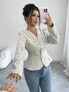 Selianne 女士杏色优雅浪漫V领褶饰腰部粗花呢编织西装外套 - 杏色 - 查看 6