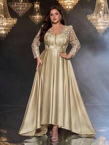 Glamrae Plus Size Elegant Champagne Deep V-Neck Long Sleeve Luxury Beaded Satin Asymmetric Maxi Dress,Winter Formal Party Wedding Gala Evening Dress - Apricot - View 3
