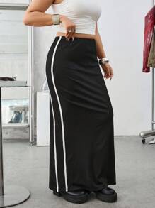 SHEIN EZwear 大码女式松紧腰侧条纹 A 字长裙