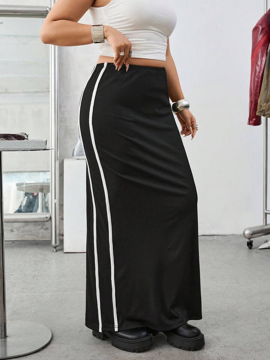 SHEIN EZwear 大码女式松紧腰侧条纹 A 字长裙