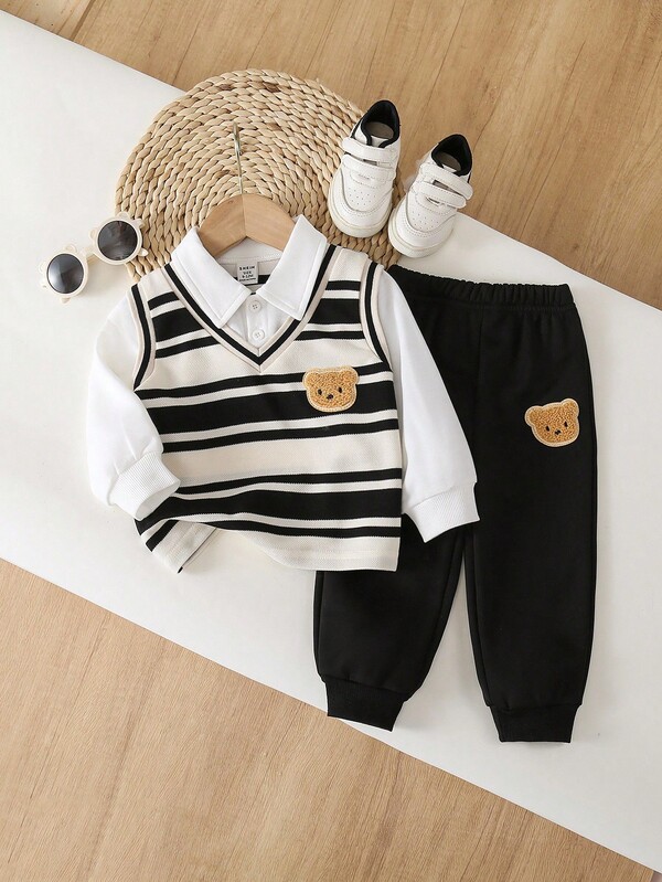 SHEIN Playful Pals 3er Set Baby Jungen Outfit: Hemd, gestrickter Weste und Lässig Hose, britischer Stil, Herbst/Winter