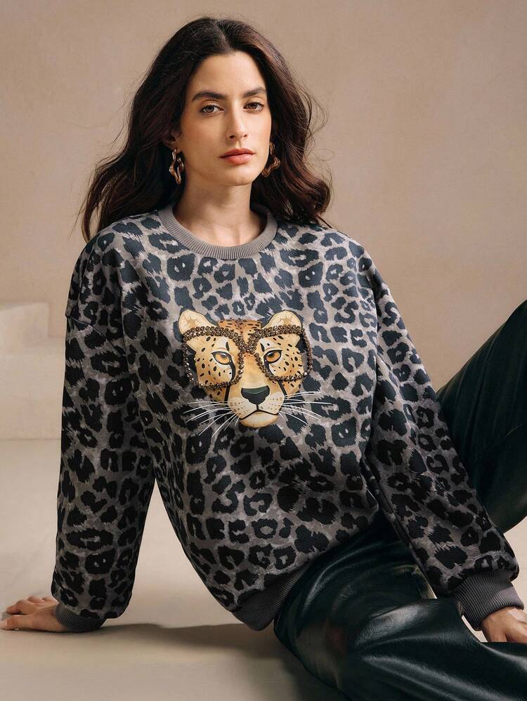 Verzierter Leoparden-Muster Vintage Leopardenkopf Regular Fit Damen Sweatshirt, geeignet für Herbst, Frühling, Winter, Ausgehen, elegant, formell, schick, Neujahr, Weihnachten, Abschluss, Lässig, Weihnachts-Sweatshirt