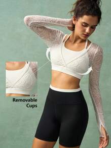 VARSIVA Áo thun thể thao nữ jacquard chắp vá 2 trong 1 cắt ngắn, áo thun lưới tập luyện - trắng - Xem 10