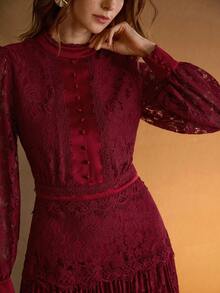 MOTF PREMIUM WOMEN'S AUTUMN/WINTER LACE PLEATED LONG SLEEVE SHORT DRESS - Burgundy - View 2