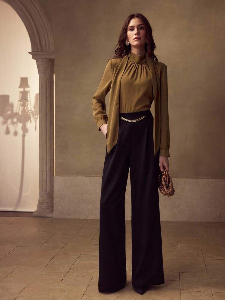 CHIFFON SOLID HIGH NECK DESIGN RIBBON BLOUSE