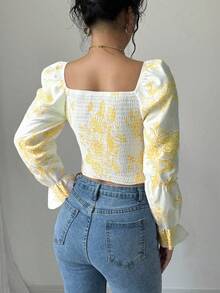 Rafferiza Áo cánh tay loe họa tiết hoa trắng nhỏ nhắn dành cho nữ, cổ rút dây - Màu vàng - Xem 2