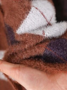 CosyJoli Chaqueta de punto de mujer talla grande a cuadros, chaqueta exterior de punto holgada y casual, chaqueta de punto borrosa con patrón de diamantes y argyle para otoño/invierno