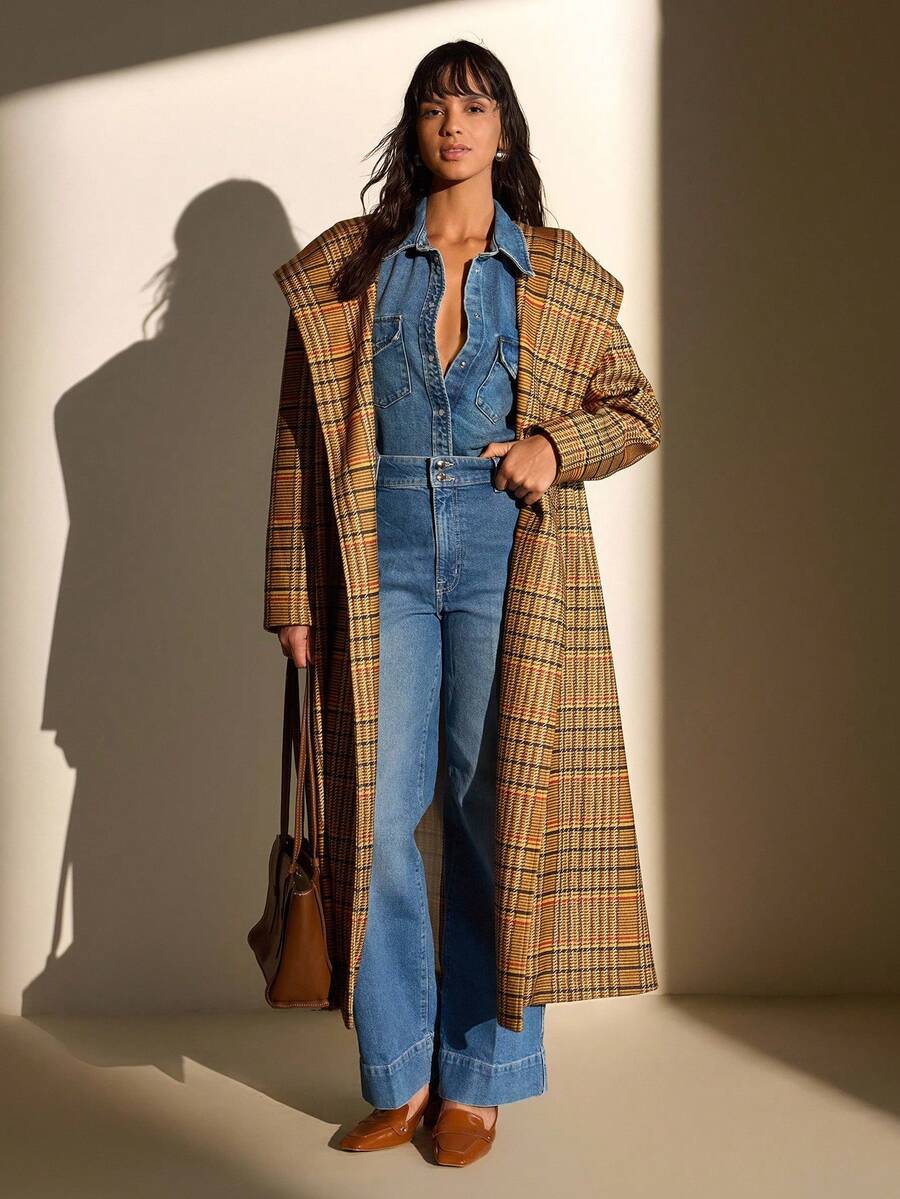 CLARA VERO Karierter Mantel mit Kapuze, Gürtel in Taille, klassischer Kragen, warmes Gewebe, stilistisch, perfekt für Herbst- und Winteroutfits - Verschiedenfarbig - Übersicht 1