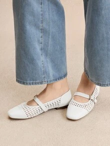 Rosivie 女士 PU 编织透气网眼平底鞋，纯色，方头，踝带，舒适休闲鞋，适合所有季节的可爱鞋子